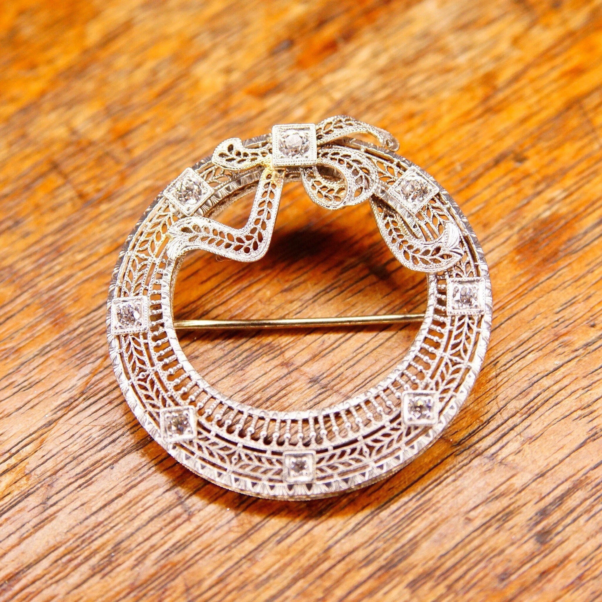 Antique Art Deco 14K White Gold Diamond Filigree Wreath Brooch, .35 TCW, Open Circle Ribbon Bow Pin With 8 OEC Diamonds, 1 1/2" Diameter
