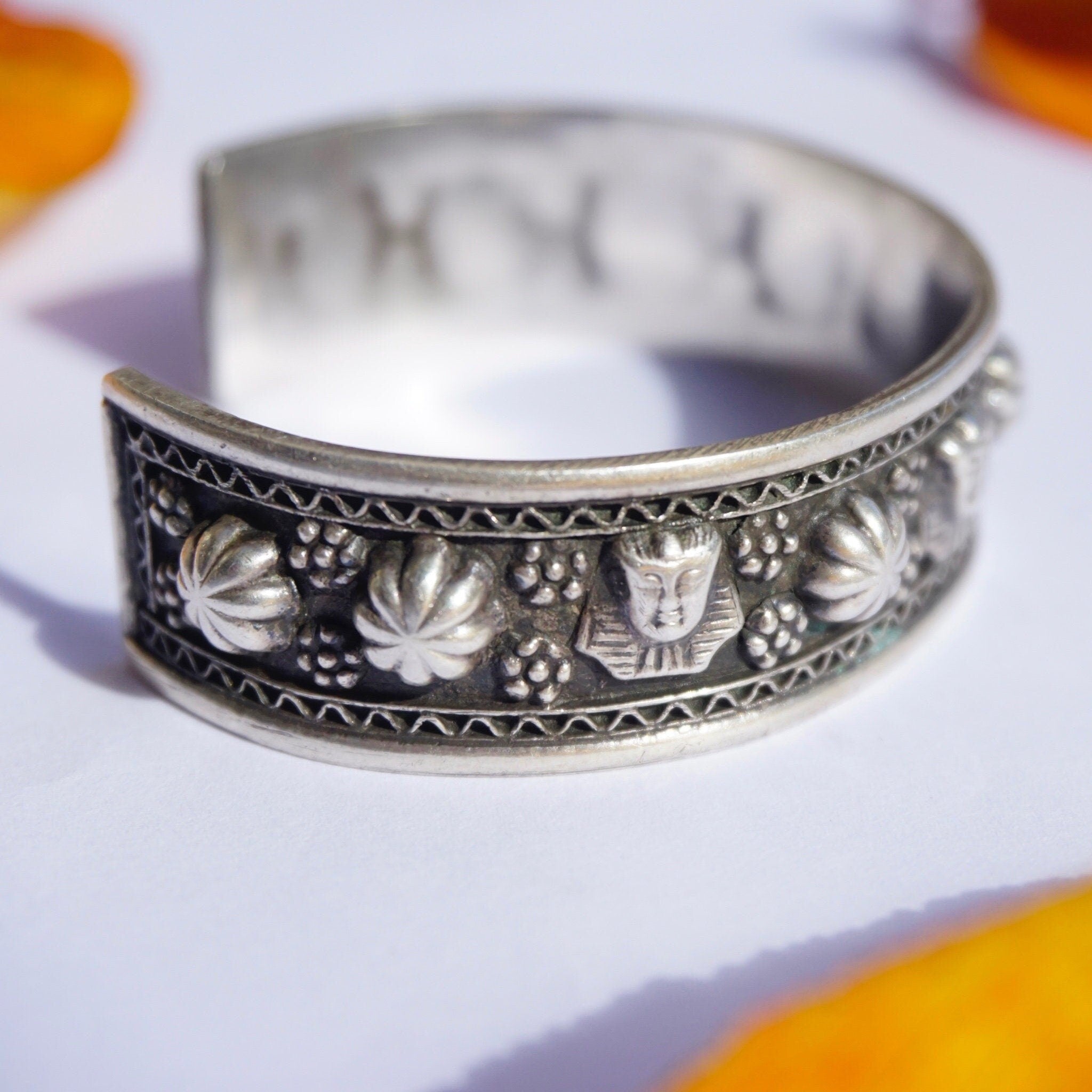 Vintage Egyptian Sterling Silver Bracelet Cuff, Engraved Silver Cuff With Egyptian Sphinx Faces and Flowers, Detailed Silver Bracelet Cuff