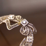 Antique Art Deco 14K White Gold Diamond Filigree Wreath Brooch, .35 TCW, Open Circle Ribbon Bow Pin With 8 OEC Diamonds, 1 1/2" Diameter