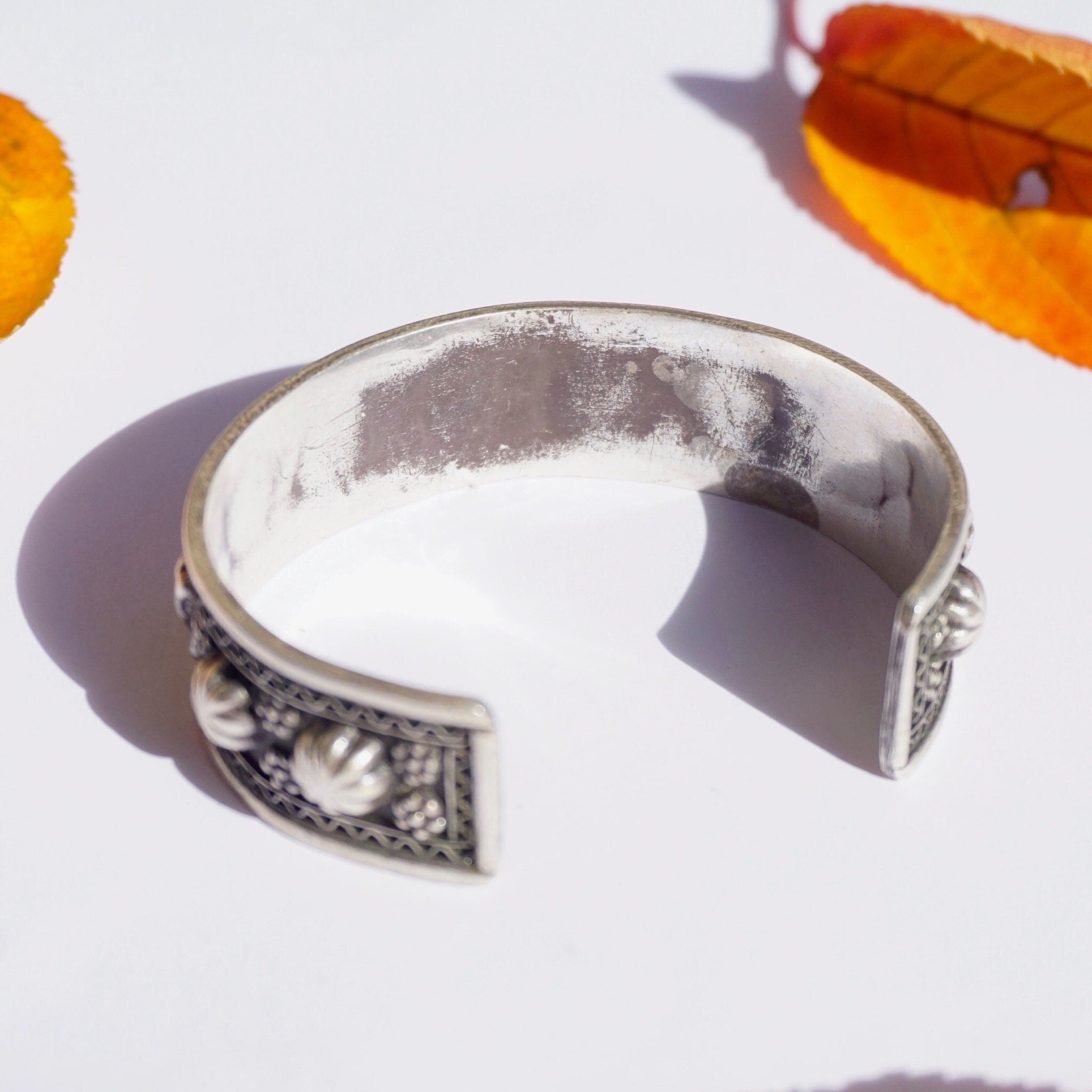 Vintage Egyptian Sterling Silver Bracelet Cuff, Engraved Silver Cuff With Egyptian Sphinx Faces and Flowers, Detailed Silver Bracelet Cuff
