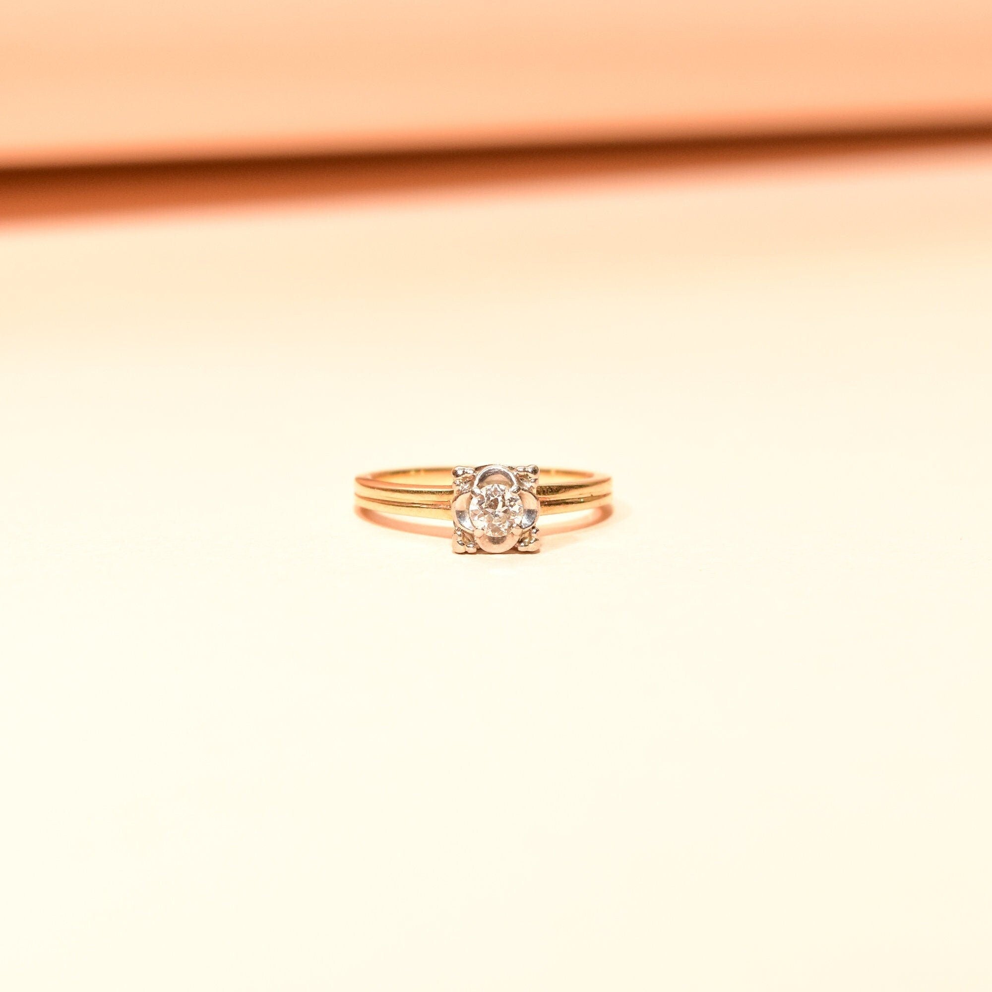 1940's Jabel 14K Diamond Engagement Ring, Two-Tone Diamond Solitaire Ring, .21 CT Estate Jewelry, 5 US
