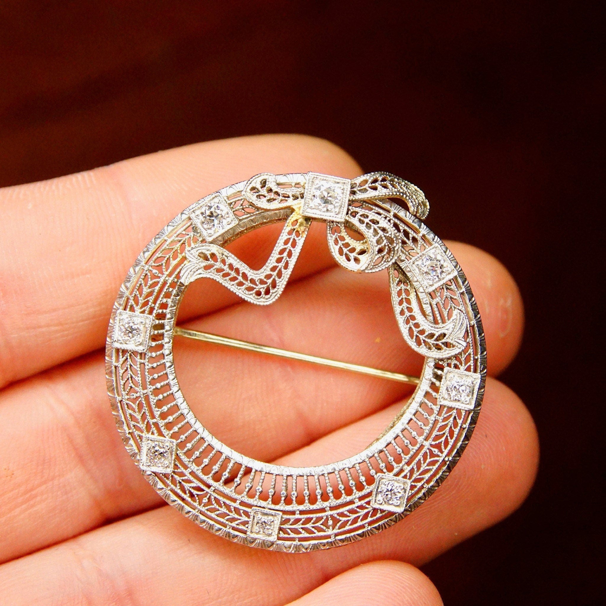 Antique Art Deco 14K White Gold Diamond Filigree Wreath Brooch, .35 TCW, Open Circle Ribbon Bow Pin With 8 OEC Diamonds, 1 1/2" Diameter