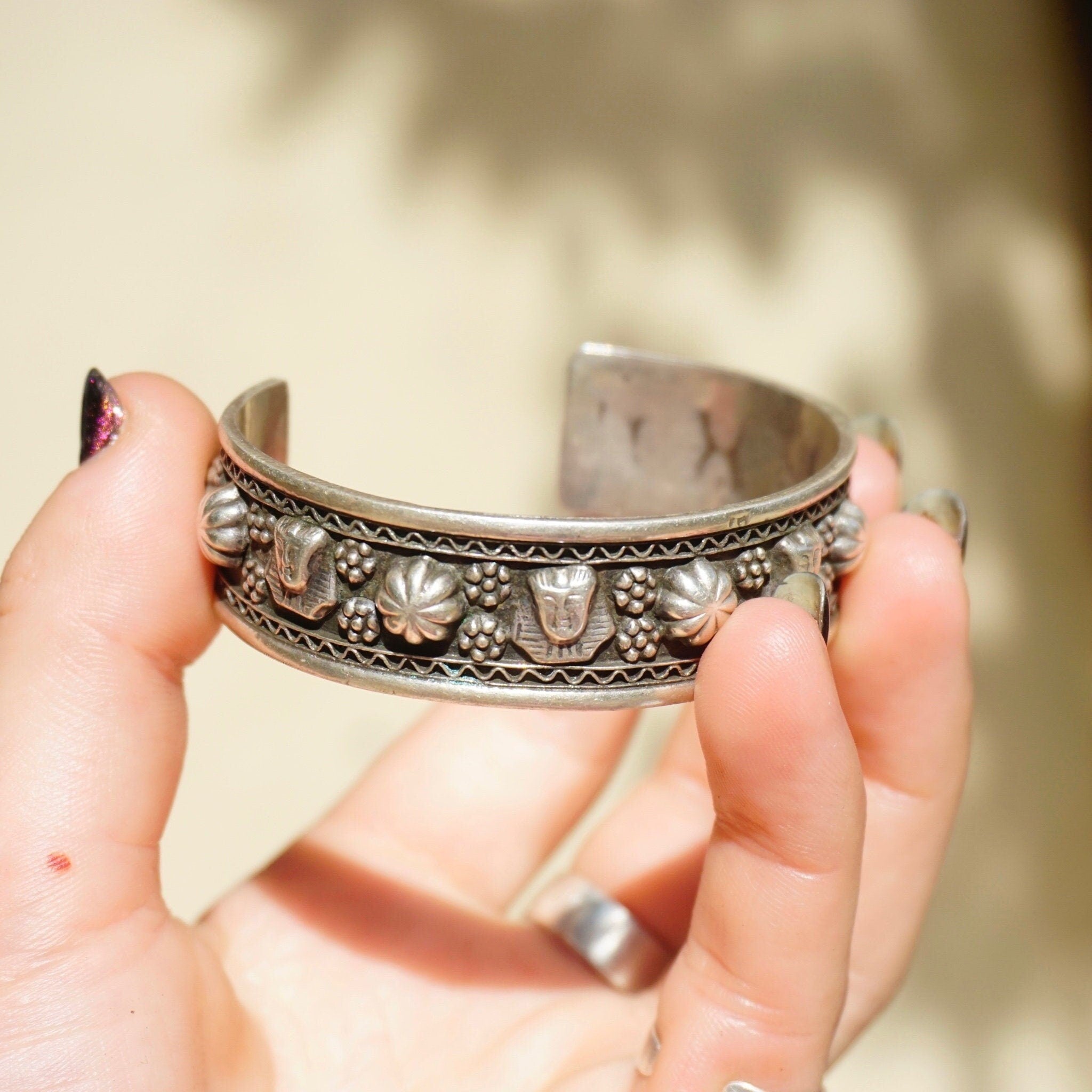 Vintage Egyptian Sterling Silver Bracelet Cuff, Engraved Silver Cuff With Egyptian Sphinx Faces and Flowers, Detailed Silver Bracelet Cuff