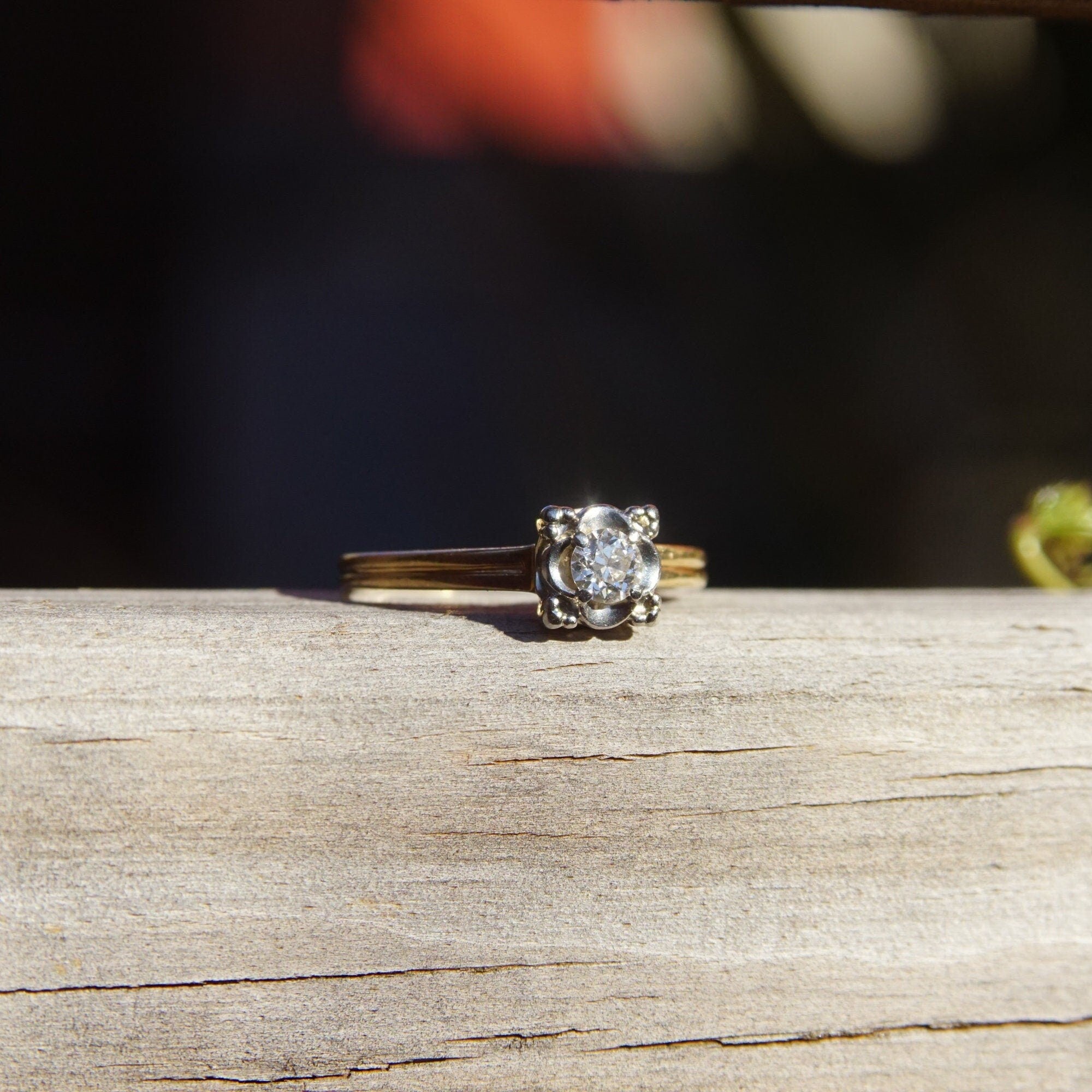 1940's Jabel 14K Diamond Engagement Ring, Two-Tone Diamond Solitaire Ring, .21 CT Estate Jewelry, 5 US