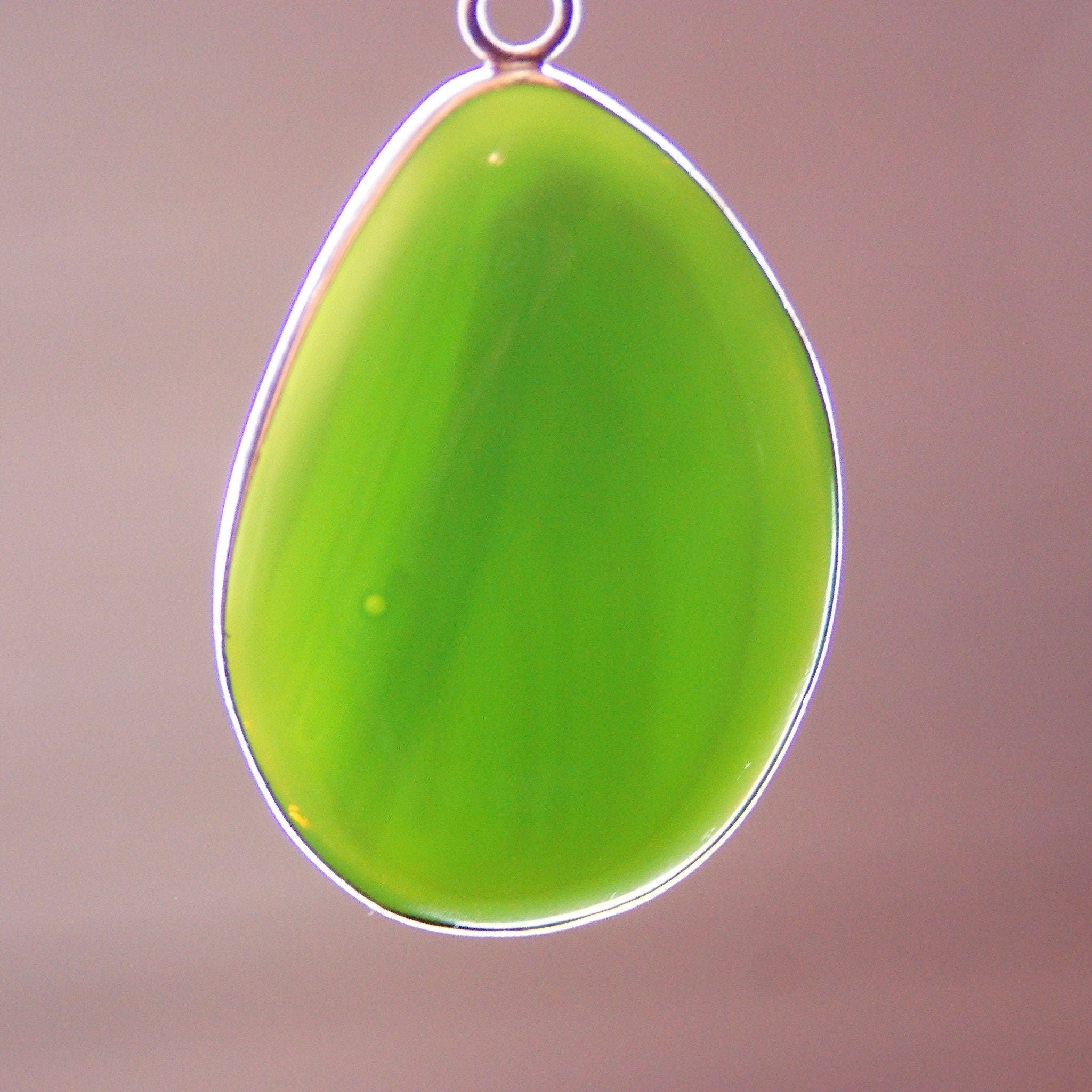 Vintage Silver Aventurine Teardrop Necklace Pendant, Large Semi-Translucent Green Gemstone, Minimalist Silver Open Back Setting, 2" L