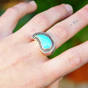 Vintage Sterling Silver Winged Turquoise Saddle Ring, Chunky Gemstone Ring With Silver Bead Embellishments, Thailand SX925, Size 8 1/2 US