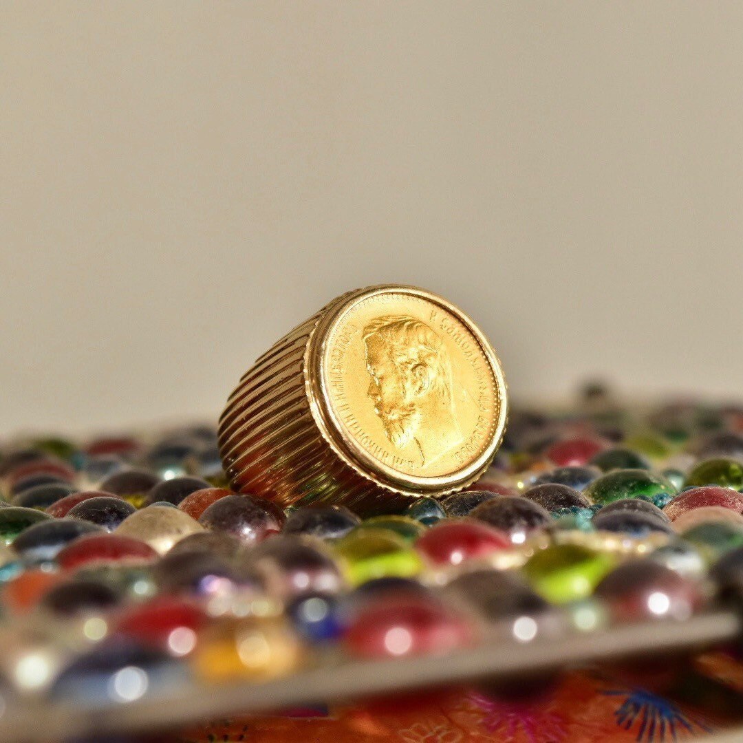 1900 Russian Coin Ring In Solid 14K Yellow Gold, Czar Nicholas II .900 Gold Rouble, Ridged Setting, Size 8 1/2 US