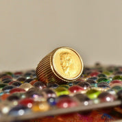 1900 Russian Coin Ring In Solid 14K Yellow Gold, Czar Nicholas II .900 Gold Rouble, Ridged Setting, Size 8 1/2 US