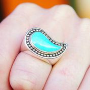 Vintage Sterling Silver Winged Turquoise Saddle Ring, Chunky Gemstone Ring With Silver Bead Embellishments, Thailand SX925, Size 8 1/2 US