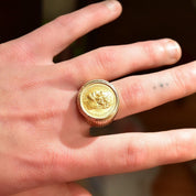 1900 Russian Coin Ring In Solid 14K Yellow Gold, Czar Nicholas II .900 Gold Rouble, Ridged Setting, Size 8 1/2 US