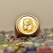 1900 Russian Coin Ring In Solid 14K Yellow Gold, Czar Nicholas II .900 Gold Rouble, Ridged Setting, Size 8 1/2 US