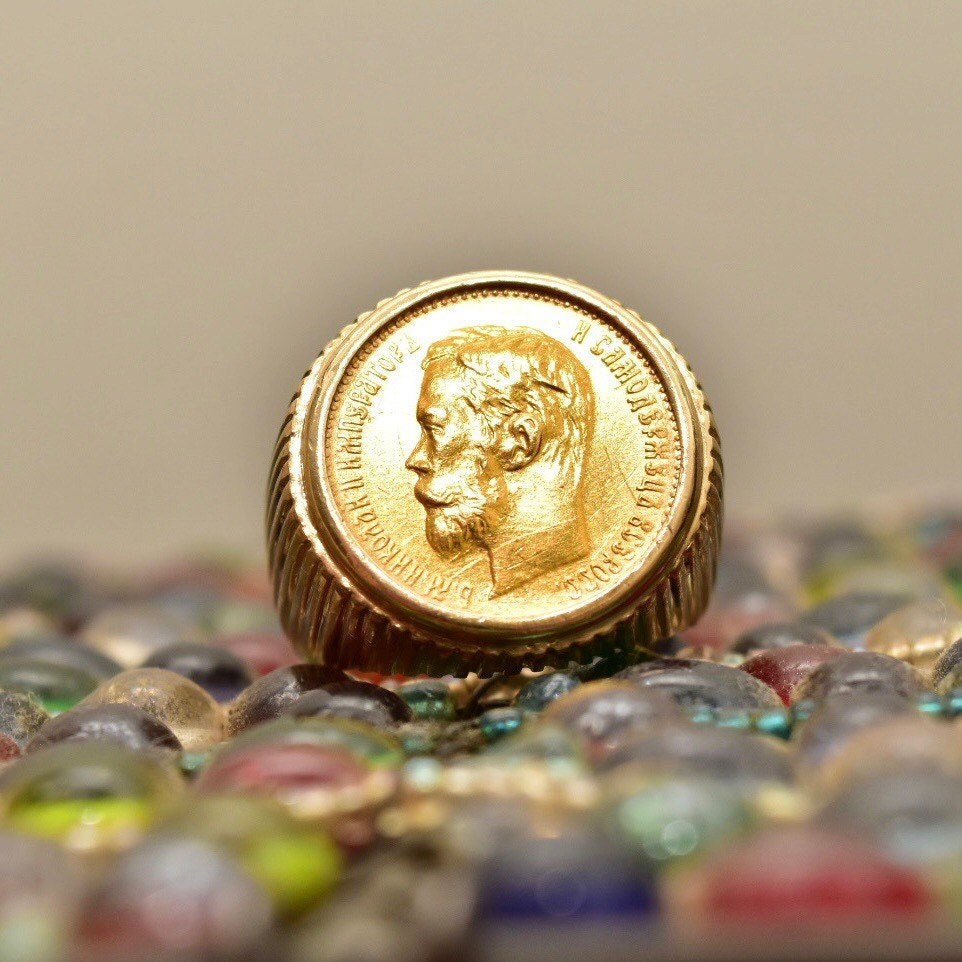 1900 Russian Coin Ring In Solid 14K Yellow Gold, Czar Nicholas II .900 Gold Rouble, Ridged Setting, Size 8 1/2 US