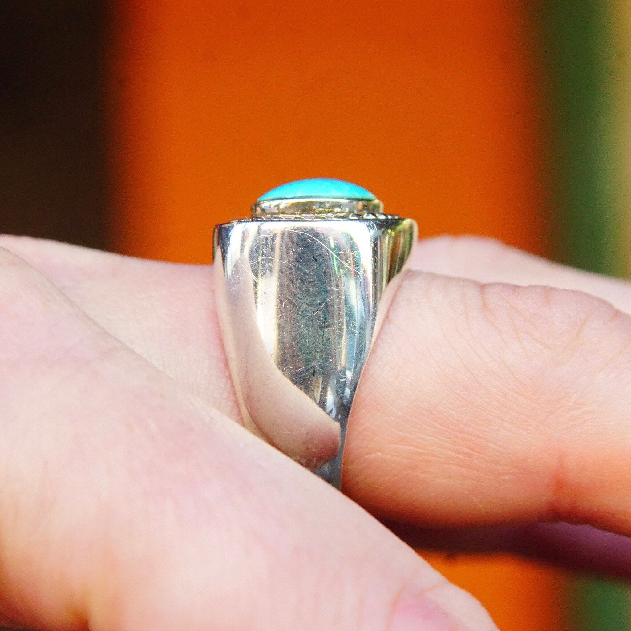 Vintage Sterling Silver Winged Turquoise Saddle Ring, Chunky Gemstone Ring With Silver Bead Embellishments, Thailand SX925, Size 8 1/2 US