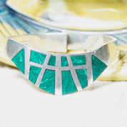 Modernist TAXCO Sterling Silver Malachite Cuff Bracelet, Geometric Inlay, Hinged Closed Cuff Bangle, 6 3/4"