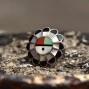 Signed Zuni Sun God Ring, Silver, Multi-Stone Inlay, Silver, Mother of Pearl, Jet, Coral, Turquoise, Size 5 1/4 US - Good's Vintage