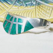 Modernist TAXCO Sterling Silver Malachite Cuff Bracelet, Geometric Inlay, Hinged Closed Cuff Bangle, 6 3/4"