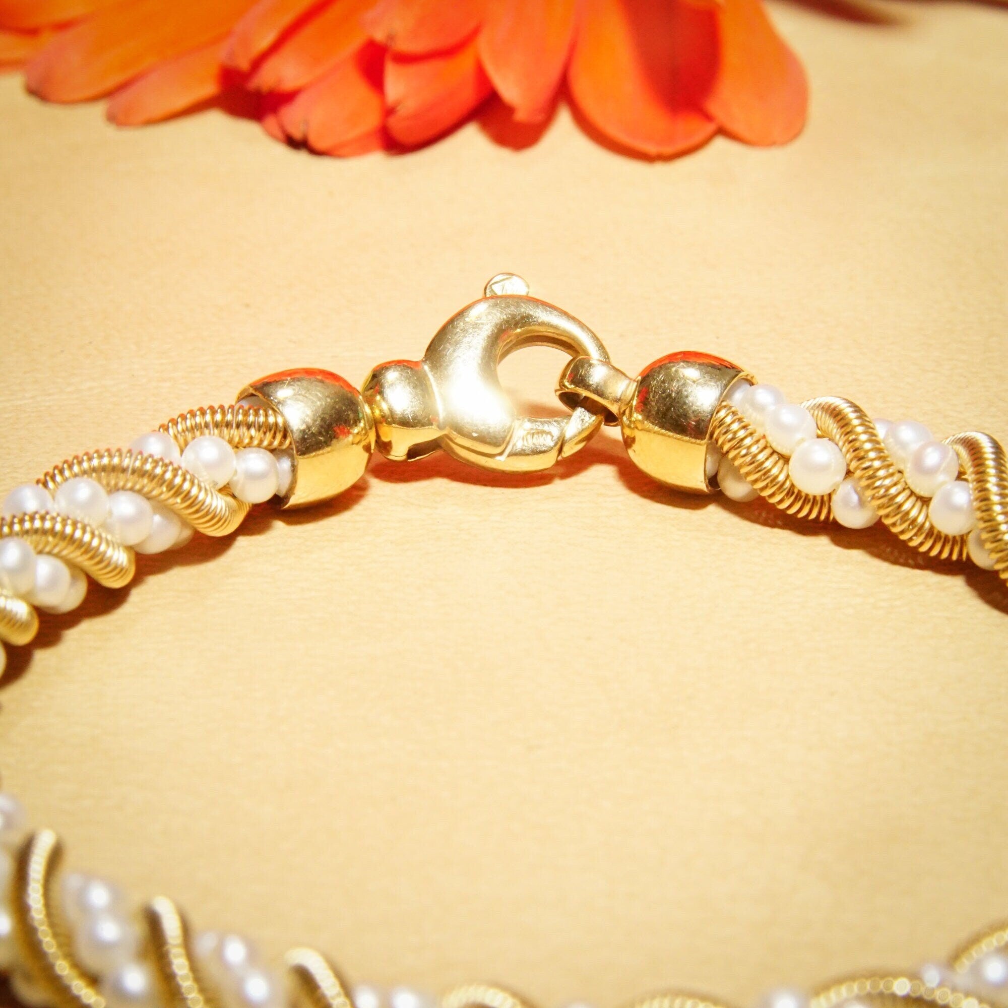 14K Seed Pearl Twisted Rope Chain Bracelet, Yellow Gold Coil & Pearl Link Bracelet, Tiffany Style Jewelry, 7 1/2" L