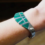 Modernist TAXCO Sterling Silver Malachite Cuff Bracelet, Geometric Inlay, Hinged Closed Cuff Bangle, 6 3/4"