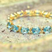 Vintage 14K Gold Blue Topaz Gemstone Link Bracelet, White Gold Diamond Accent Marquise Spacers, 585 Gemstone Tennis Bracelet, 7 3/4" L - Good's Vintage