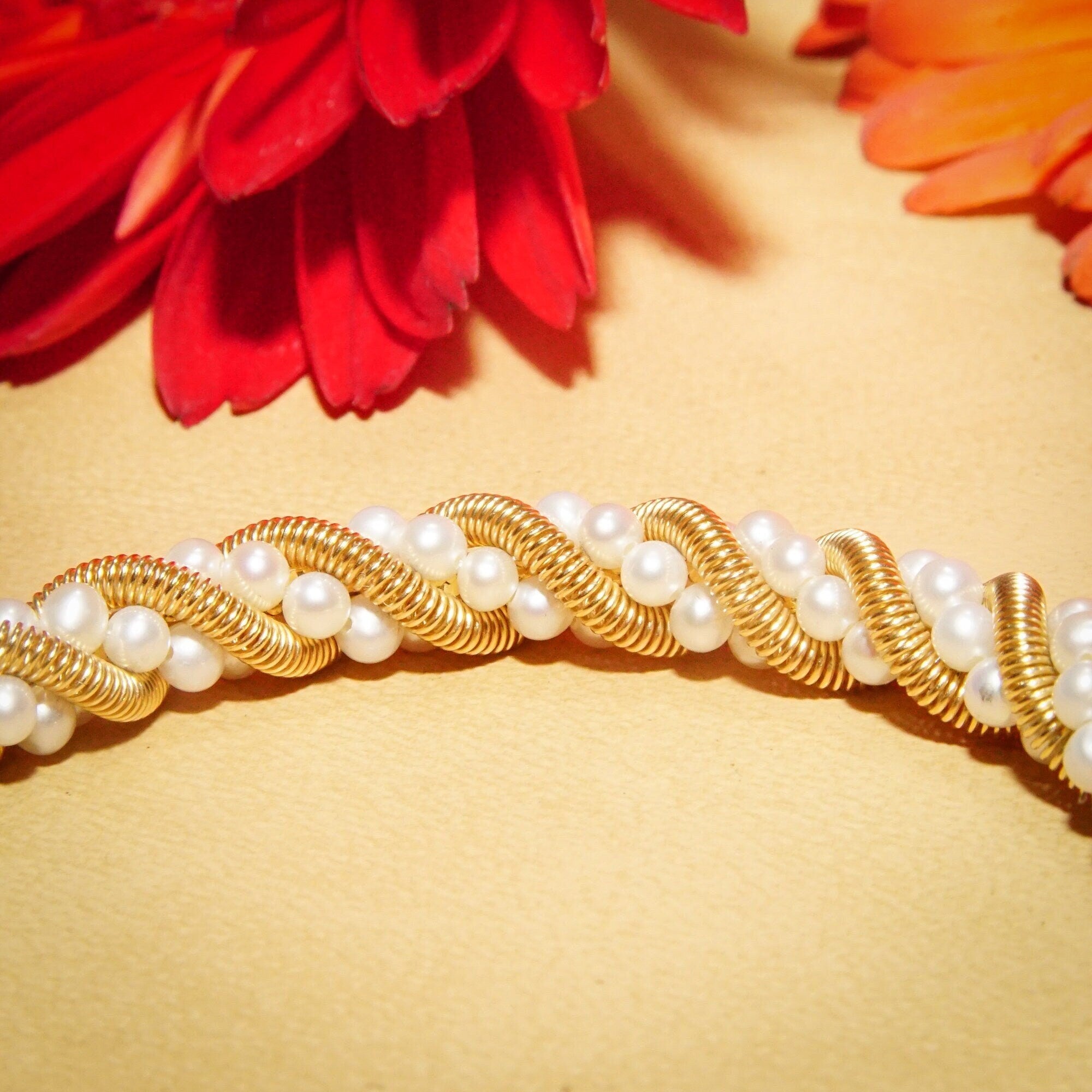 14K Seed Pearl Twisted Rope Chain Bracelet, Yellow Gold Coil & Pearl Link Bracelet, Tiffany Style Jewelry, 7 1/2" L