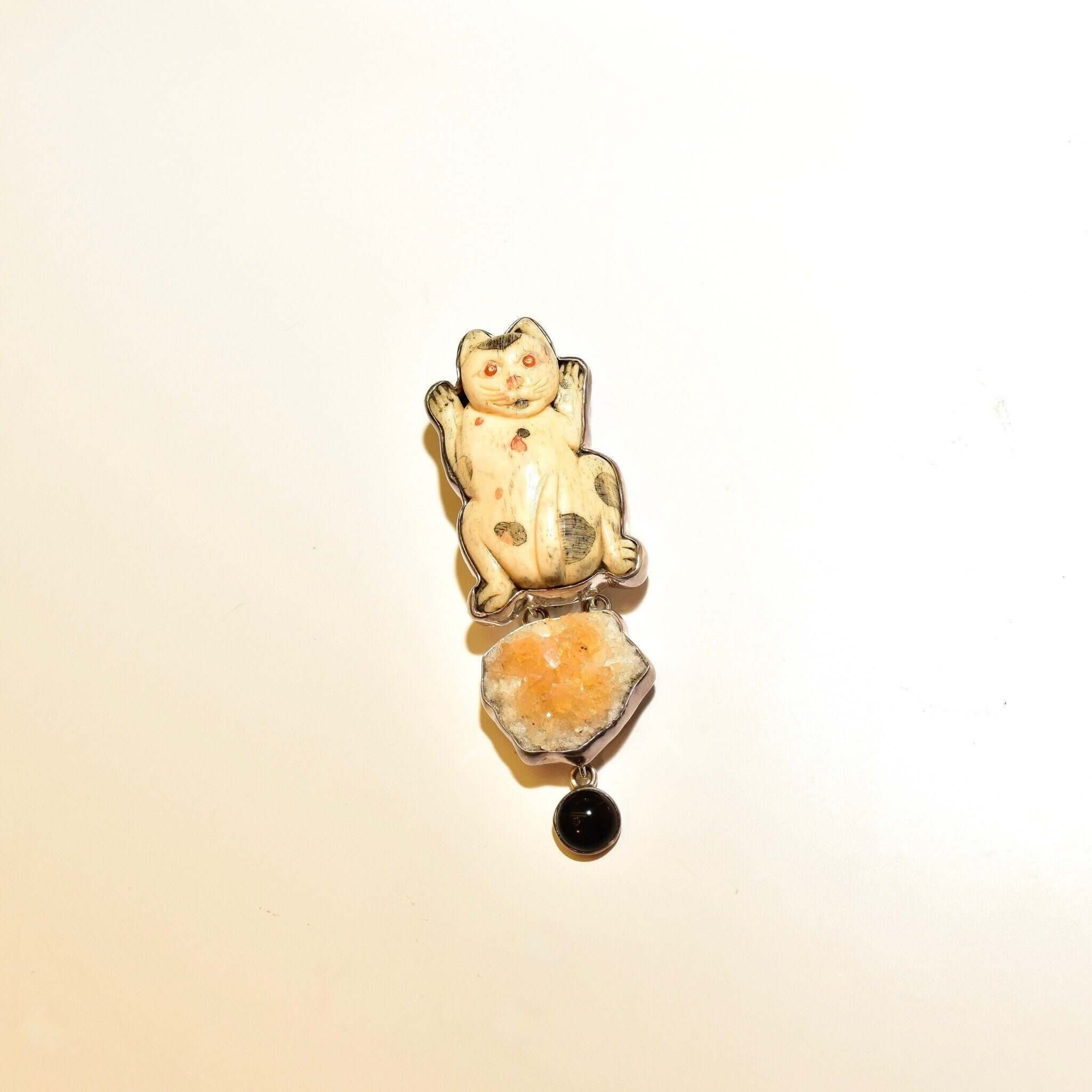Amy K. Russell Cat Brooch Pendant, Carved Bone, Sterling Silver, Citrine and Black Onyx, Cat Lover Jewelry - Good's Vintage