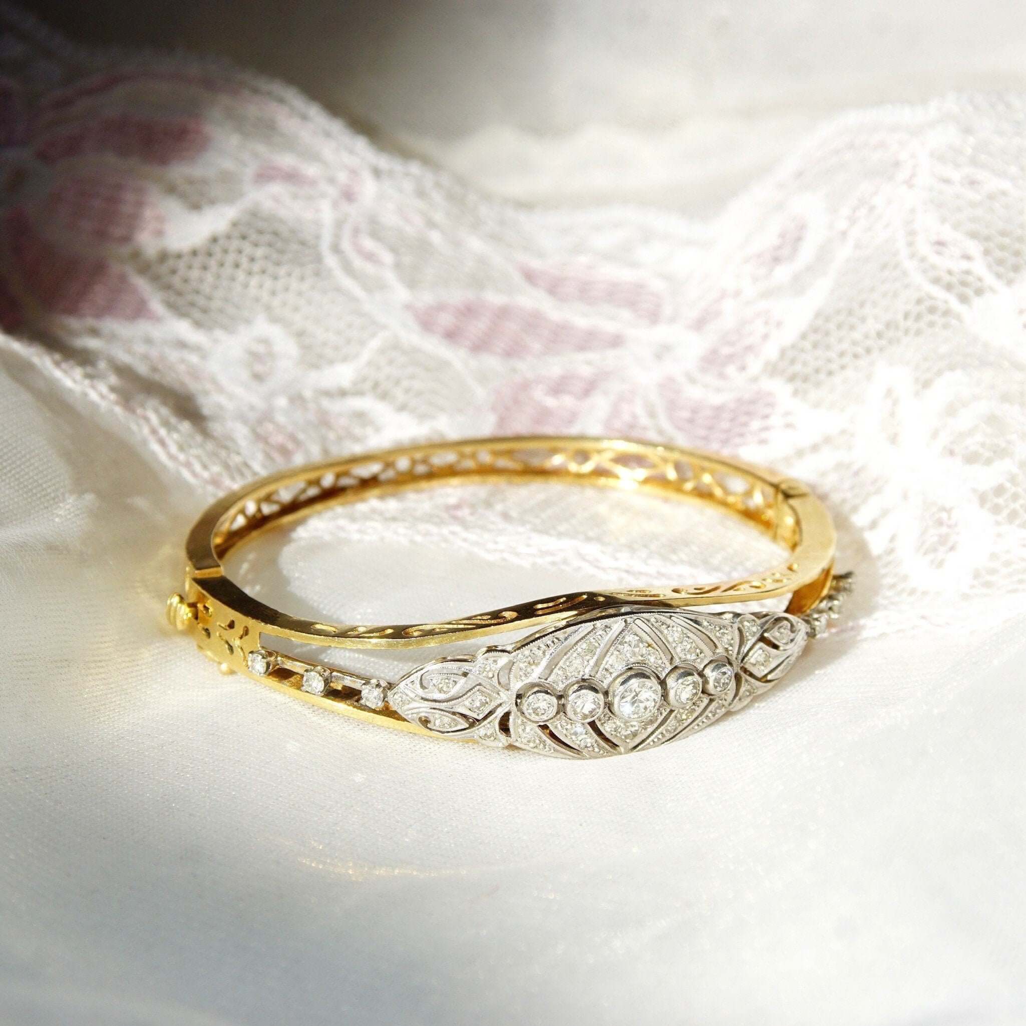 Edwardian Diamond Cluster Bangle Bracelet In 14K & Platinum, Ornate Two-Tone Closed Cuff Bracelet, 6 1/4" - Good's Vintage