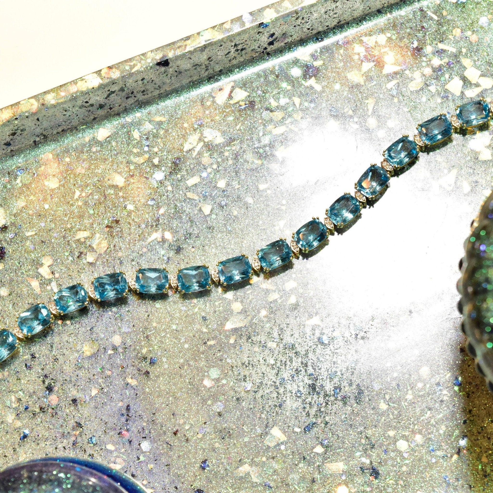 Vintage 14K Gold Blue Topaz Gemstone Link Bracelet, White Gold Diamond Accent Marquise Spacers, 585 Gemstone Tennis Bracelet, 7 3/4" L - Good's Vintage
