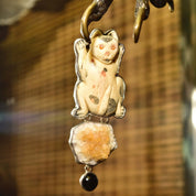 Amy K. Russell Cat Brooch Pendant, Carved Bone, Sterling Silver, Citrine and Black Onyx, Cat Lover Jewelry - Good's Vintage
