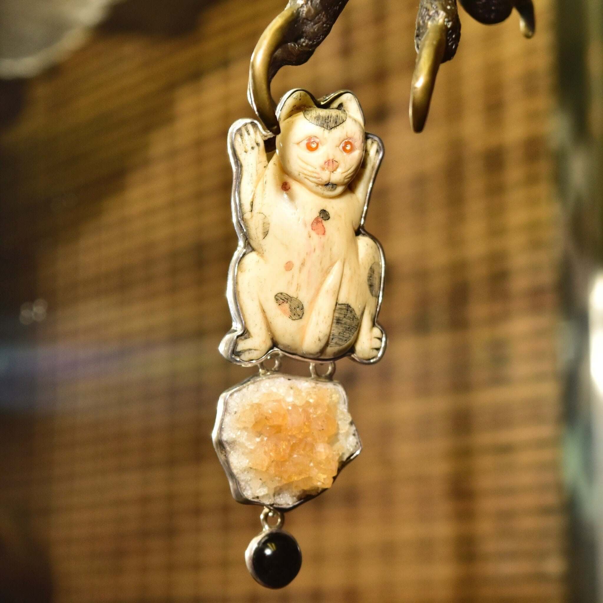 Amy K. Russell Cat Brooch Pendant, Carved Bone, Sterling Silver, Citrine and Black Onyx, Cat Lover Jewelry - Good's Vintage