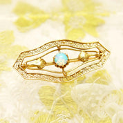 Antique 14K Opal Filigree Bar Pin, Ladies Yellow Gold Brooch, Floral Motifs, Open Work Designs, Art Nouveau, 40mm - Good's Vintage