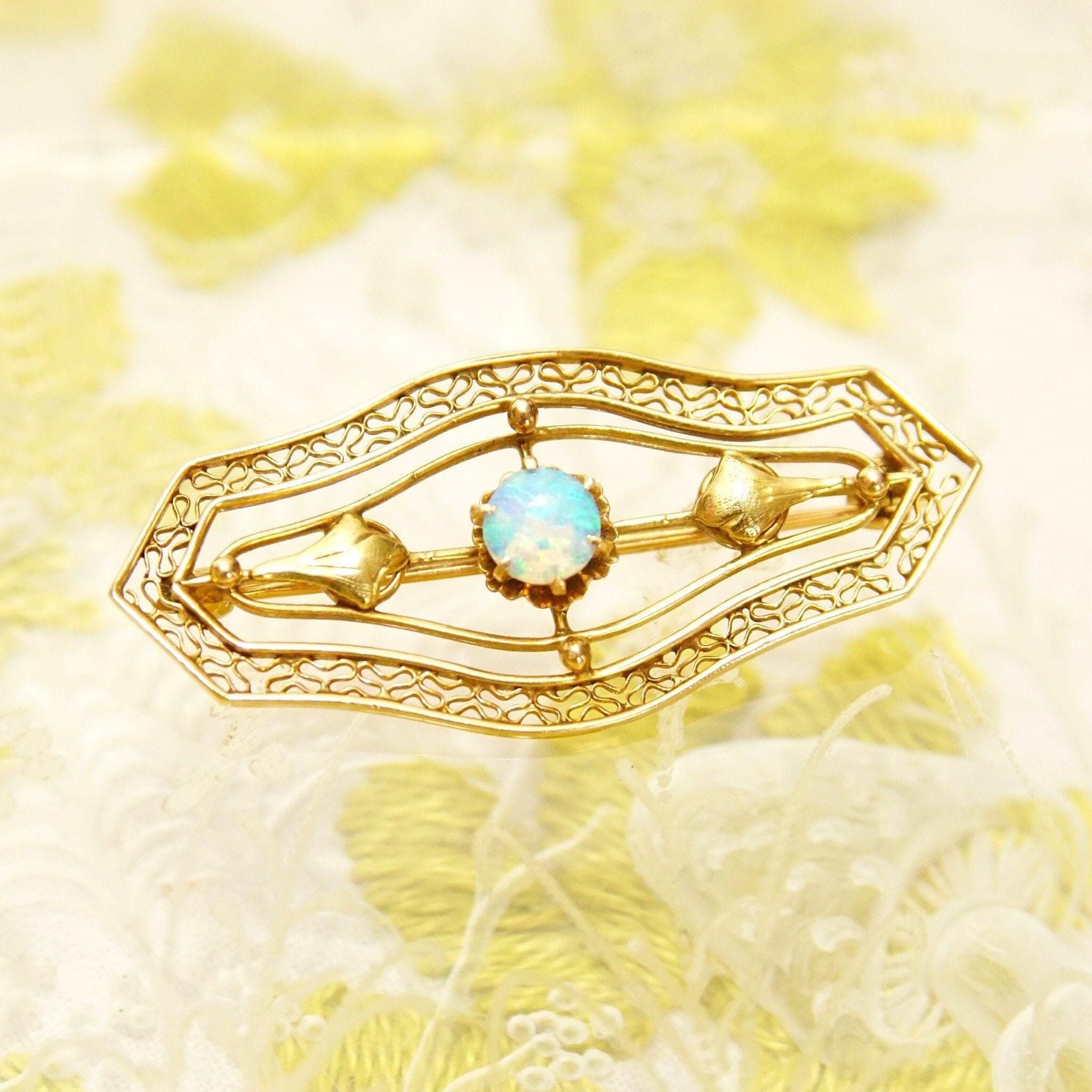 Antique 14K Opal Filigree Bar Pin, Ladies Yellow Gold Brooch, Floral Motifs, Open Work Designs, Art Nouveau, 40mm - Good's Vintage