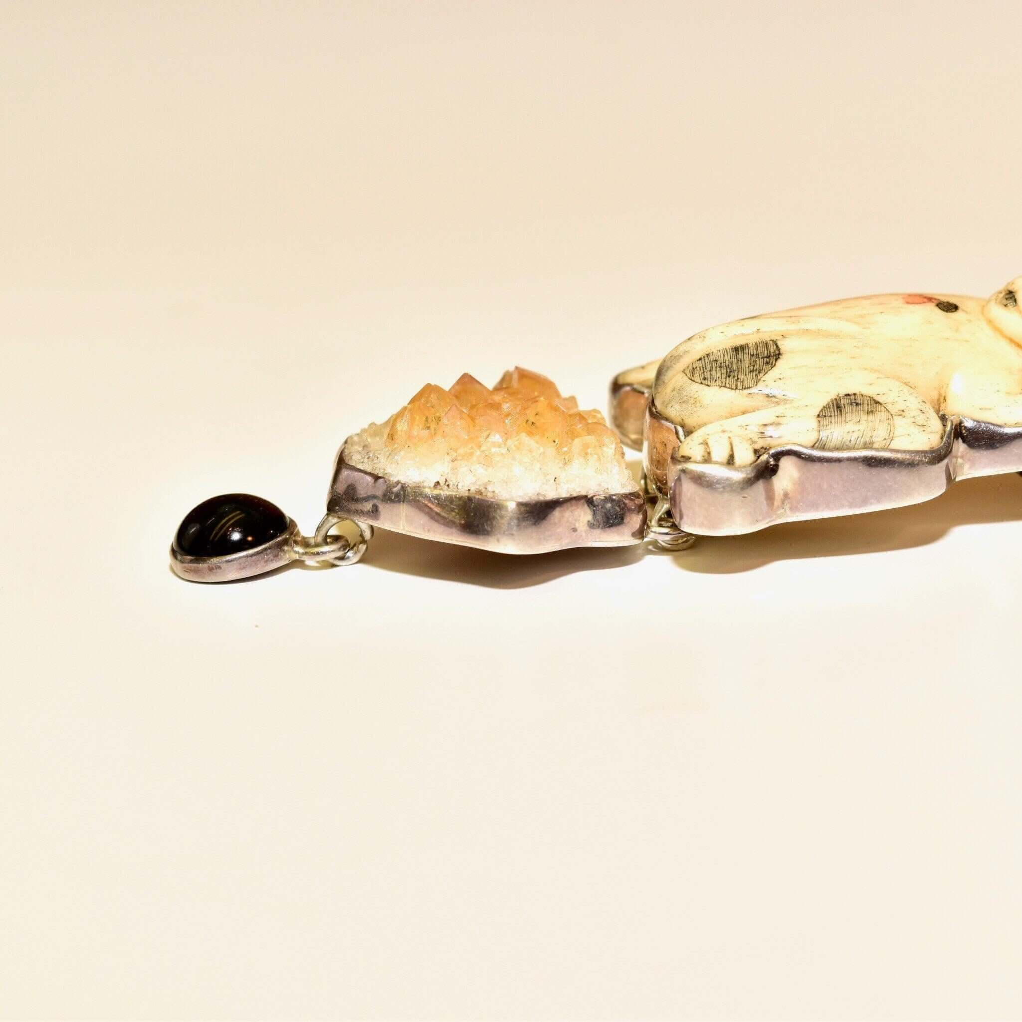 Amy K. Russell Cat Brooch Pendant, Carved Bone, Sterling Silver, Citrine and Black Onyx, Cat Lover Jewelry - Good's Vintage
