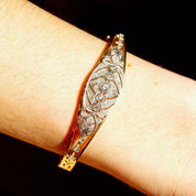 Edwardian Diamond Cluster Bangle Bracelet In 14K & Platinum, Ornate Two-Tone Closed Cuff Bracelet, 6 1/4" - Good's Vintage