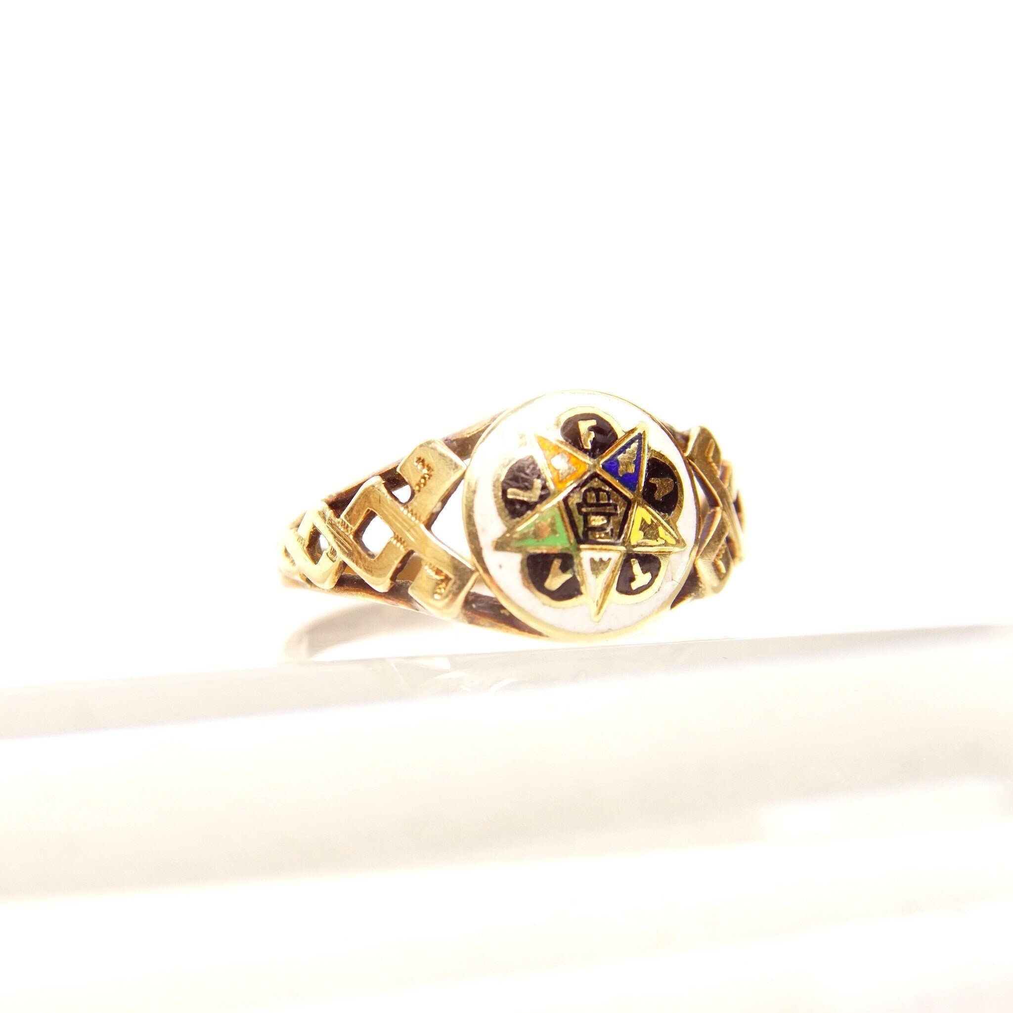 14K Enamel Order Of The Eastern Star Ring In Yellow Gold, F.A.T.A.L Women's Masonic Ring, Size 5 1/4 US