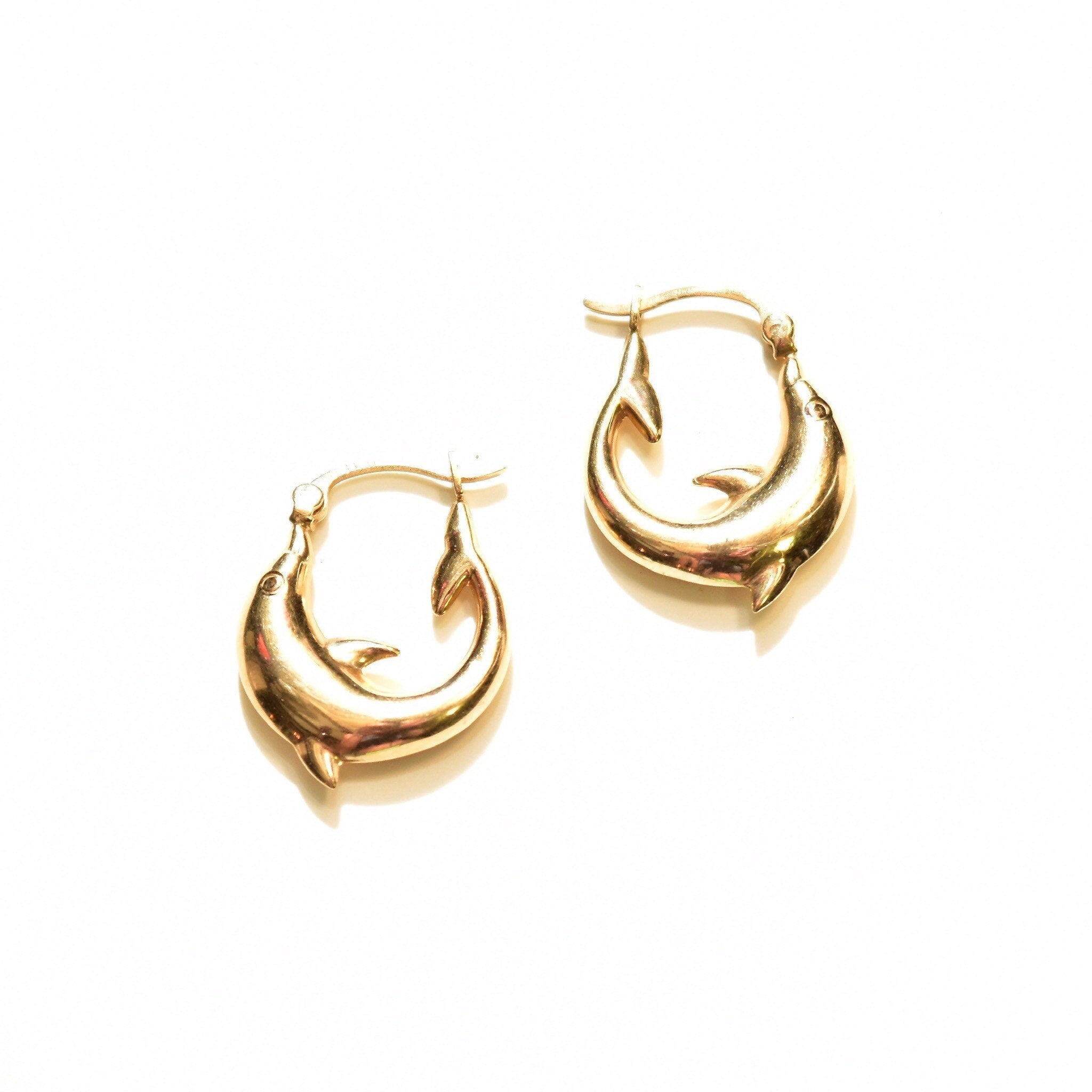14K yellow gold dolphin hoop earrings, small oval hoops with dolphin design, 21mm cute mini gold hoops