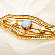 Antique 14K Opal Filigree Bar Pin, Ladies Yellow Gold Brooch, Floral Motifs, Open Work Designs, Art Nouveau, 40mm - Good's Vintage