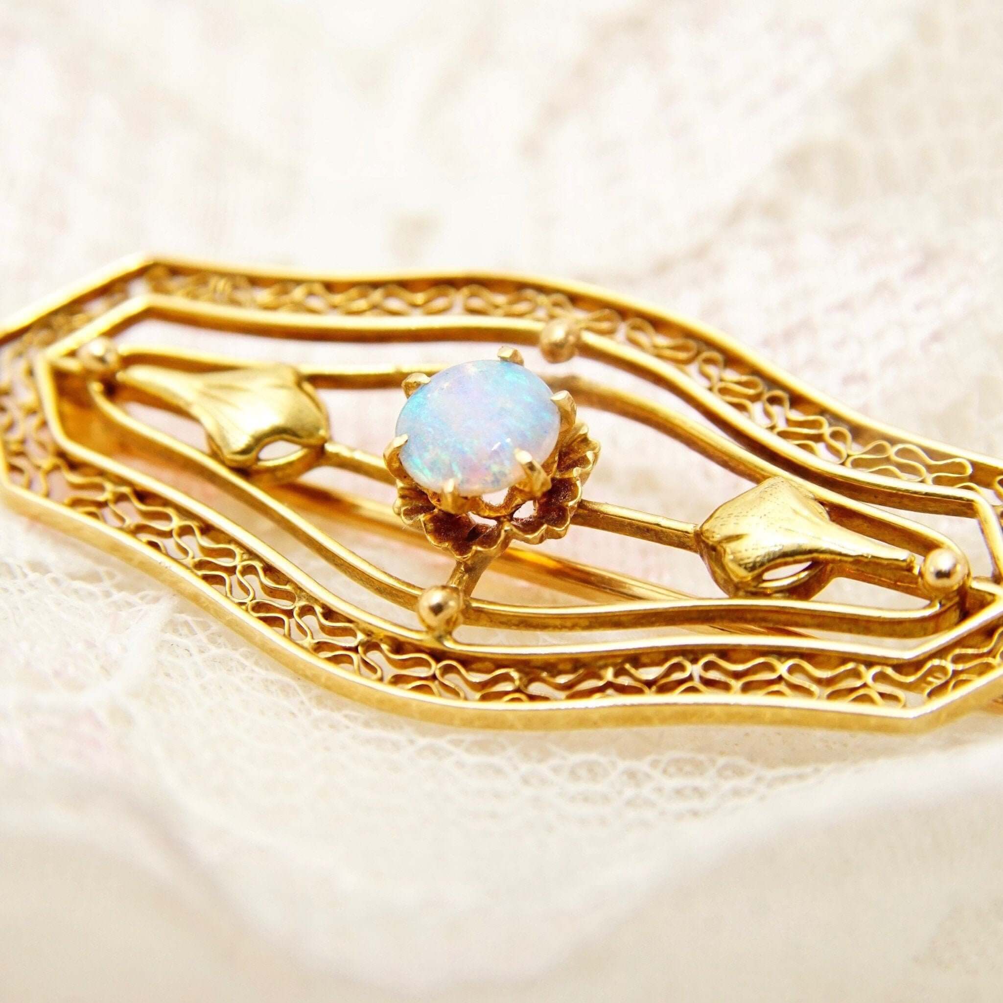 Antique 14K Opal Filigree Bar Pin, Ladies Yellow Gold Brooch, Floral Motifs, Open Work Designs, Art Nouveau, 40mm - Good's Vintage