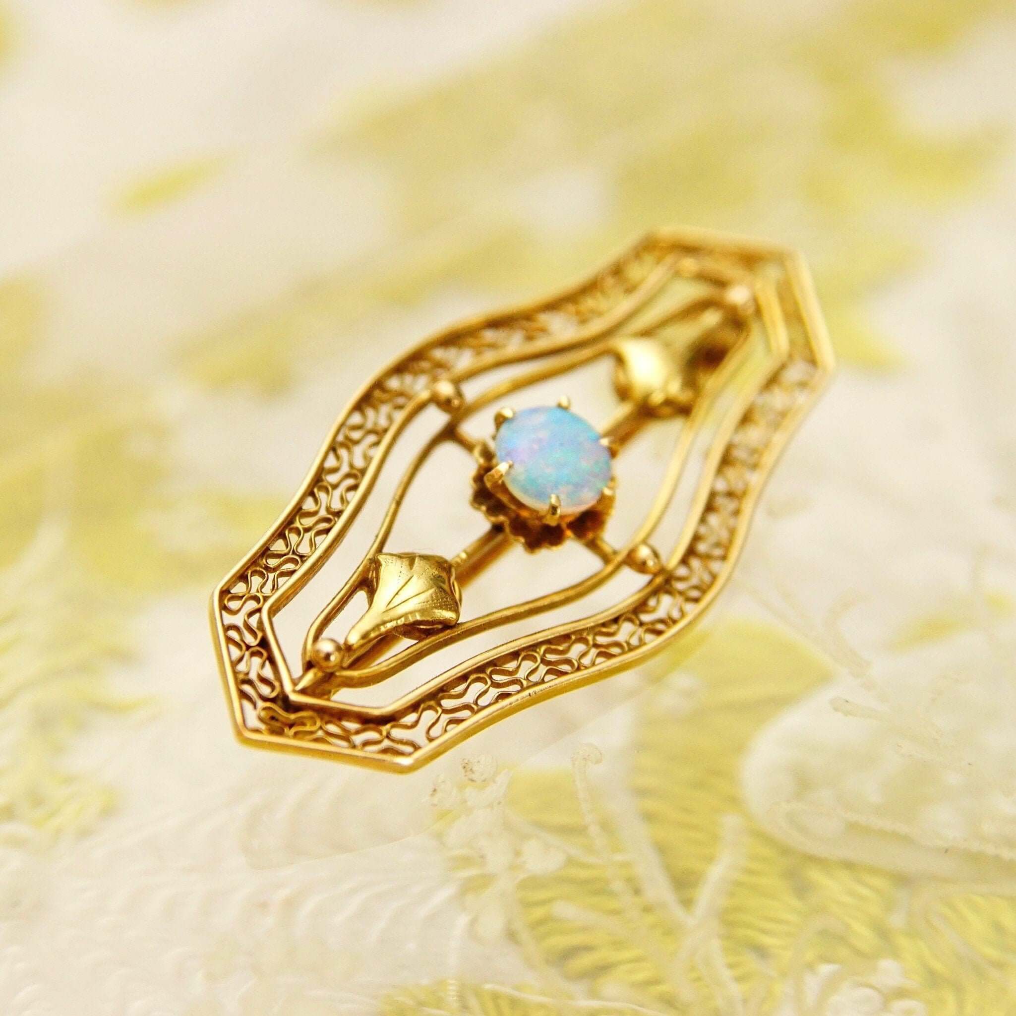 Antique 14K Opal Filigree Bar Pin, Ladies Yellow Gold Brooch, Floral Motifs, Open Work Designs, Art Nouveau, 40mm - Good's Vintage