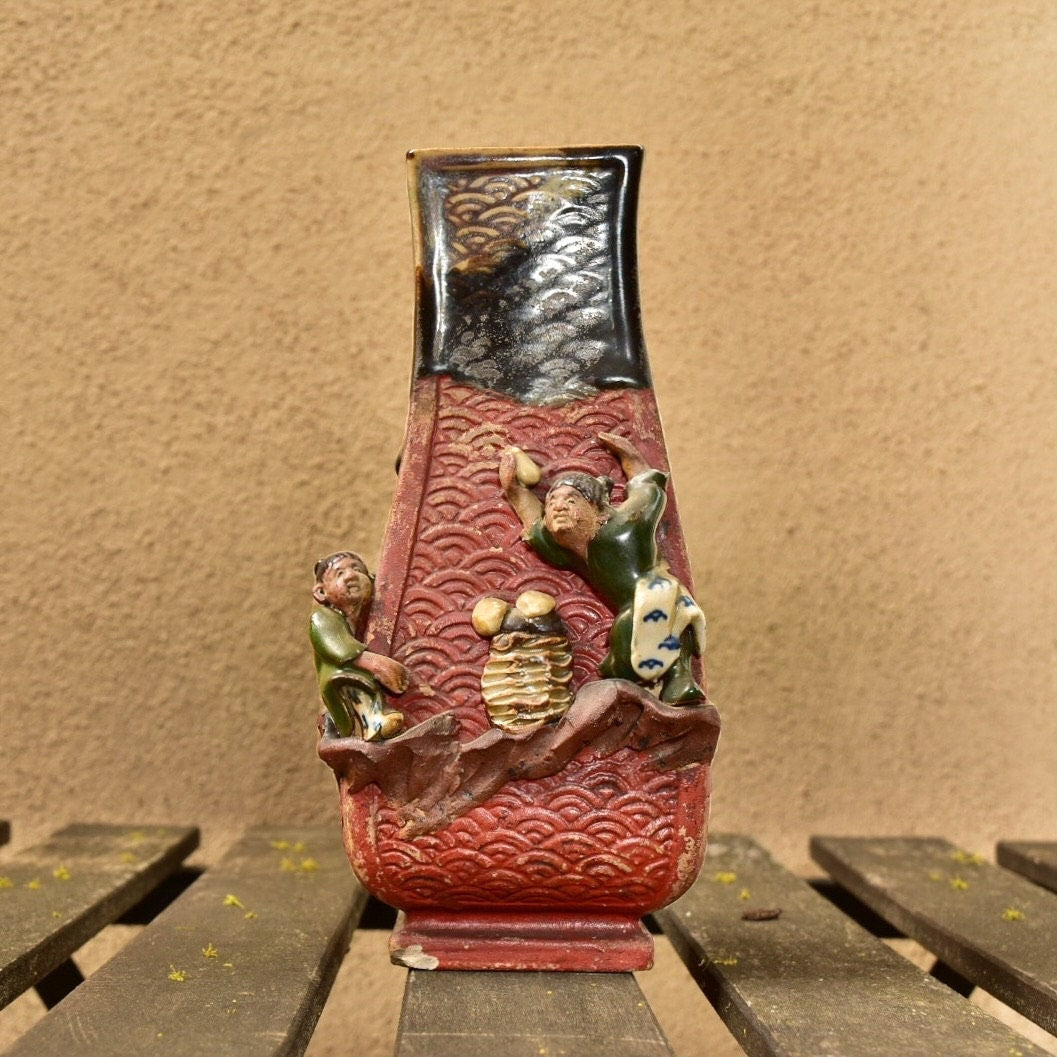 Sumida Gawa Japanese Pottery, Asakusa Pottery, Antique Hand-Carved Fish Scale, Glazed Ceramic Figural Vase, Mushroom Foraging Scene, 8.25" - Good's Vintage