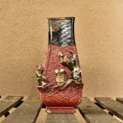 Sumida Gawa Japanese Pottery, Asakusa Pottery, Antique Hand-Carved Fish Scale, Glazed Ceramic Figural Vase, Mushroom Foraging Scene, 8.25" - Good's Vintage