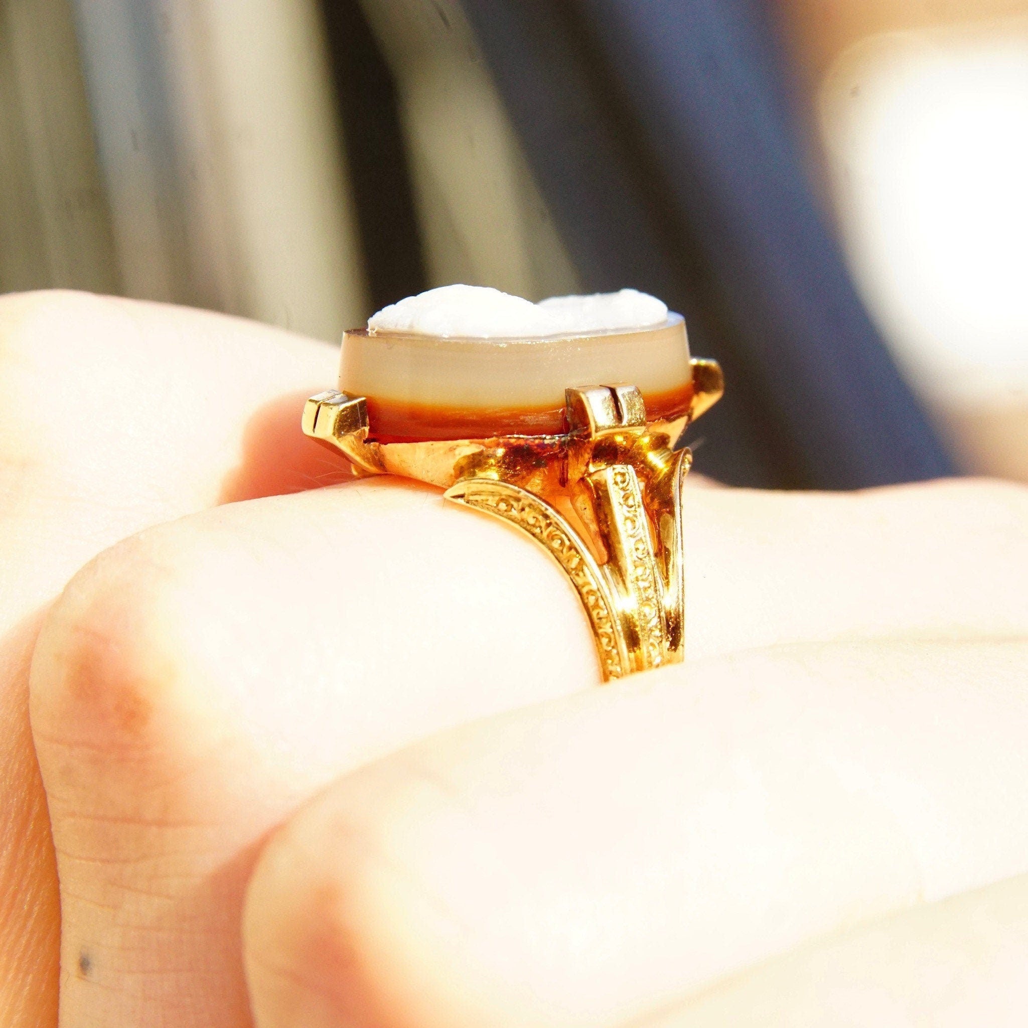 Victorian Hardstone Cameo Ring In 18K Rose Gold, Antique Carved Agate Cameo, Engraved Ring Band, Size 9 1/4 US - Good's Vintage