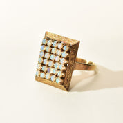 14K Opal Cluster Grid Ring, 30 Natural Opal Cabochons, Yellow Gold Cocktail Ring, 8 US