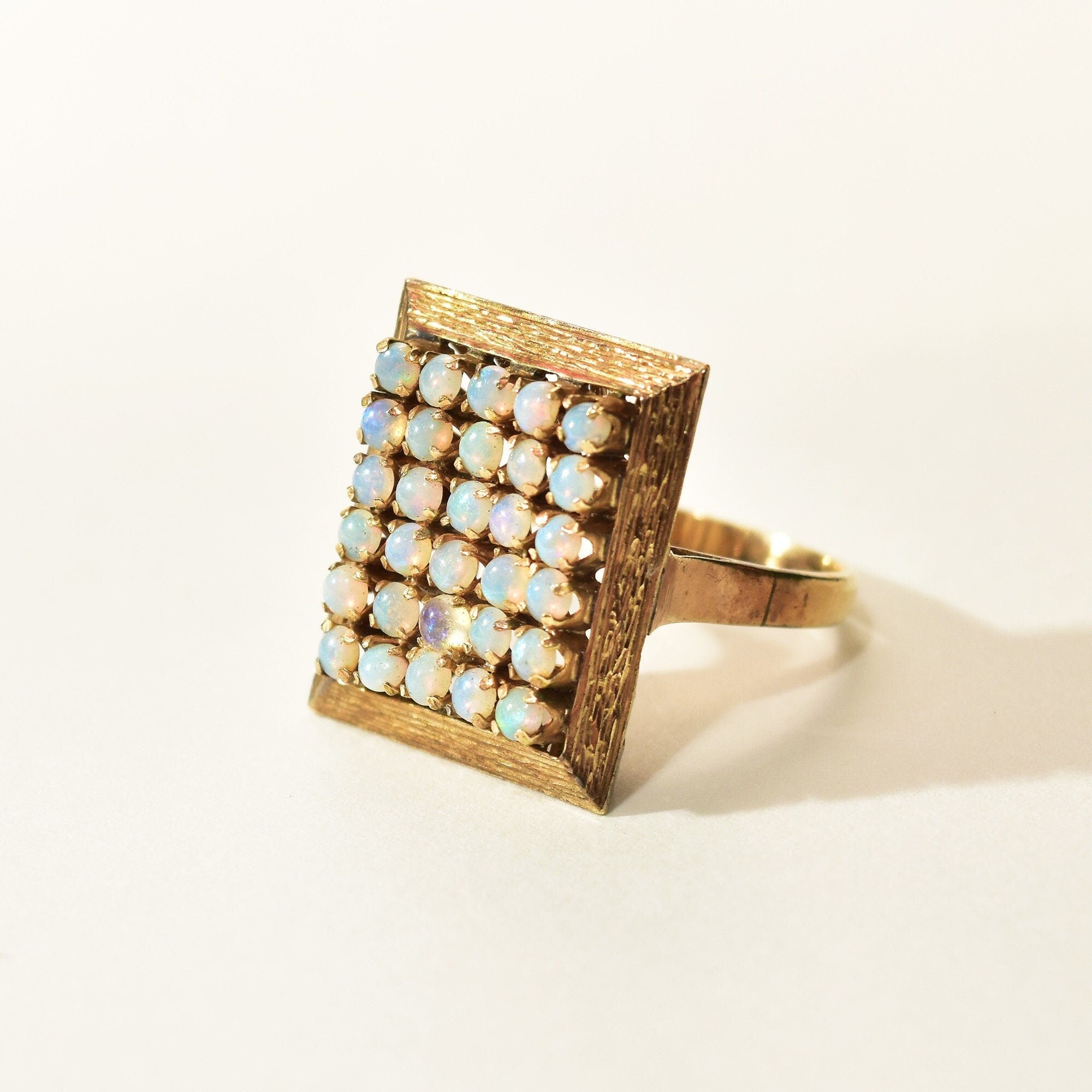 14K Opal Cluster Grid Ring, 30 Natural Opal Cabochons, Yellow Gold Cocktail Ring, 8 US