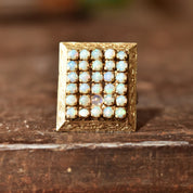 14K Opal Cluster Grid Ring, 30 Natural Opal Cabochons, Yellow Gold Cocktail Ring, 8 US