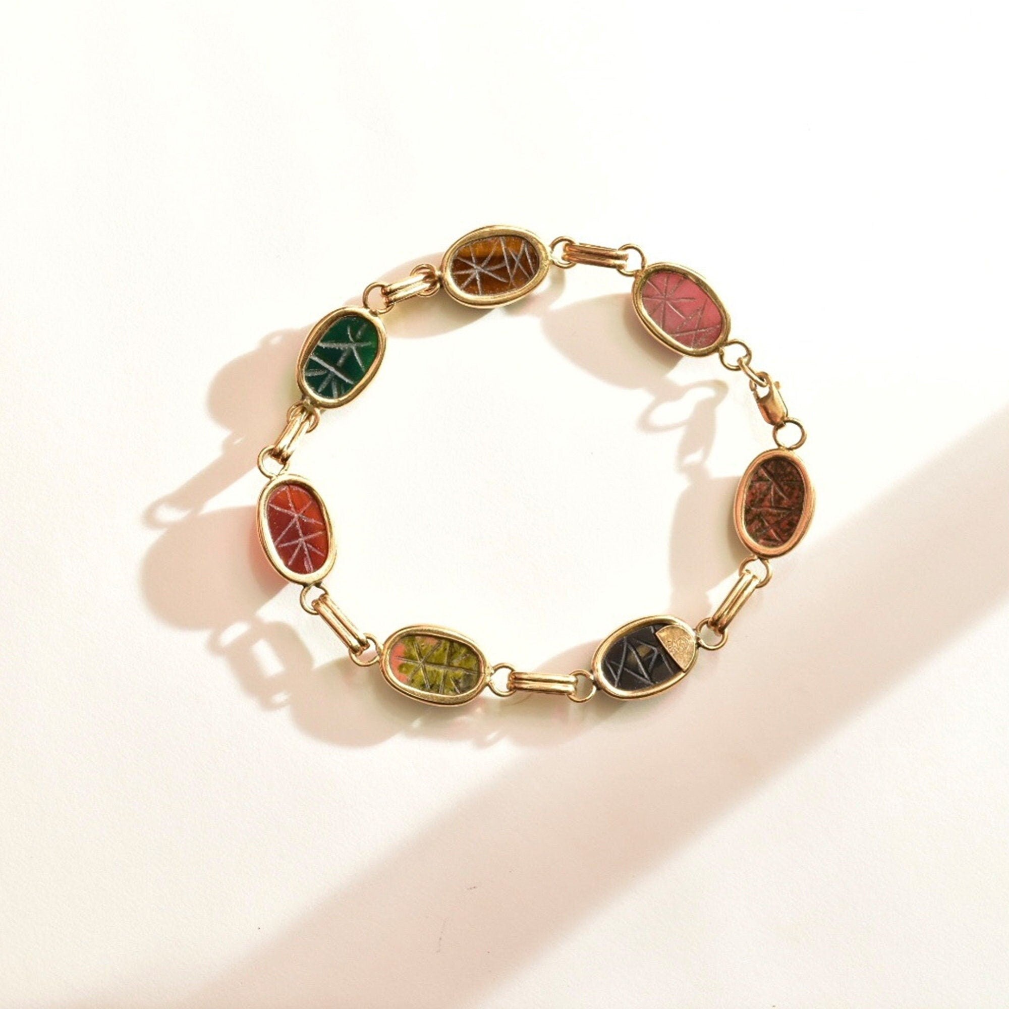 14K Scarab Bracelet with Carved Natural Gemstones
