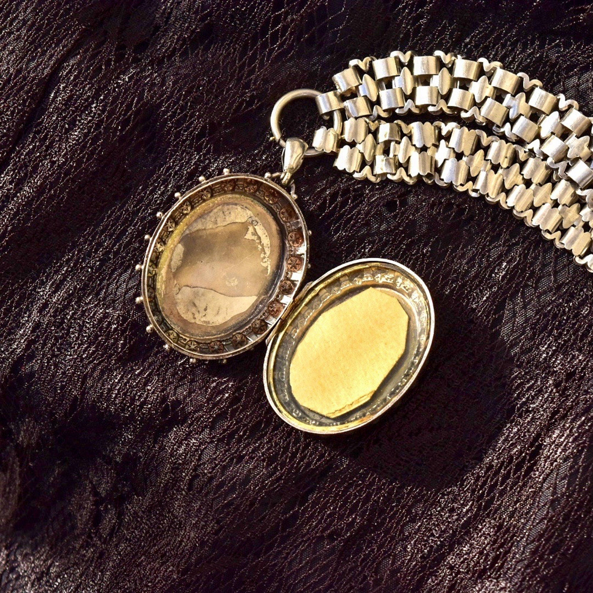 Victorian Sterling Silver Locket Book Chain Collar, Hand-Engraved, Floral Motifs, Birmingham Hallmark, 20" L - Good's Vintage