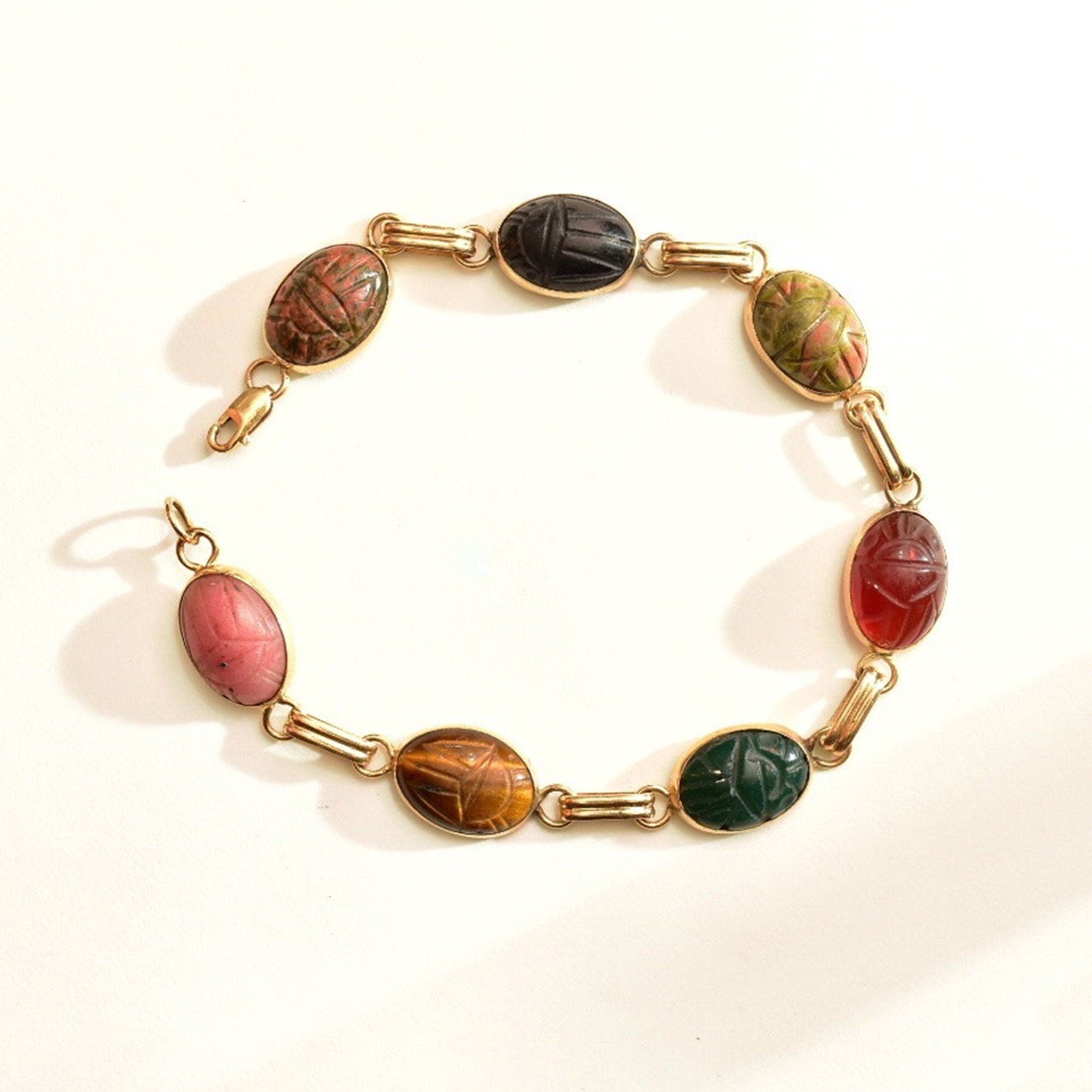 14K Scarab Bracelet with Carved Natural Gemstones
