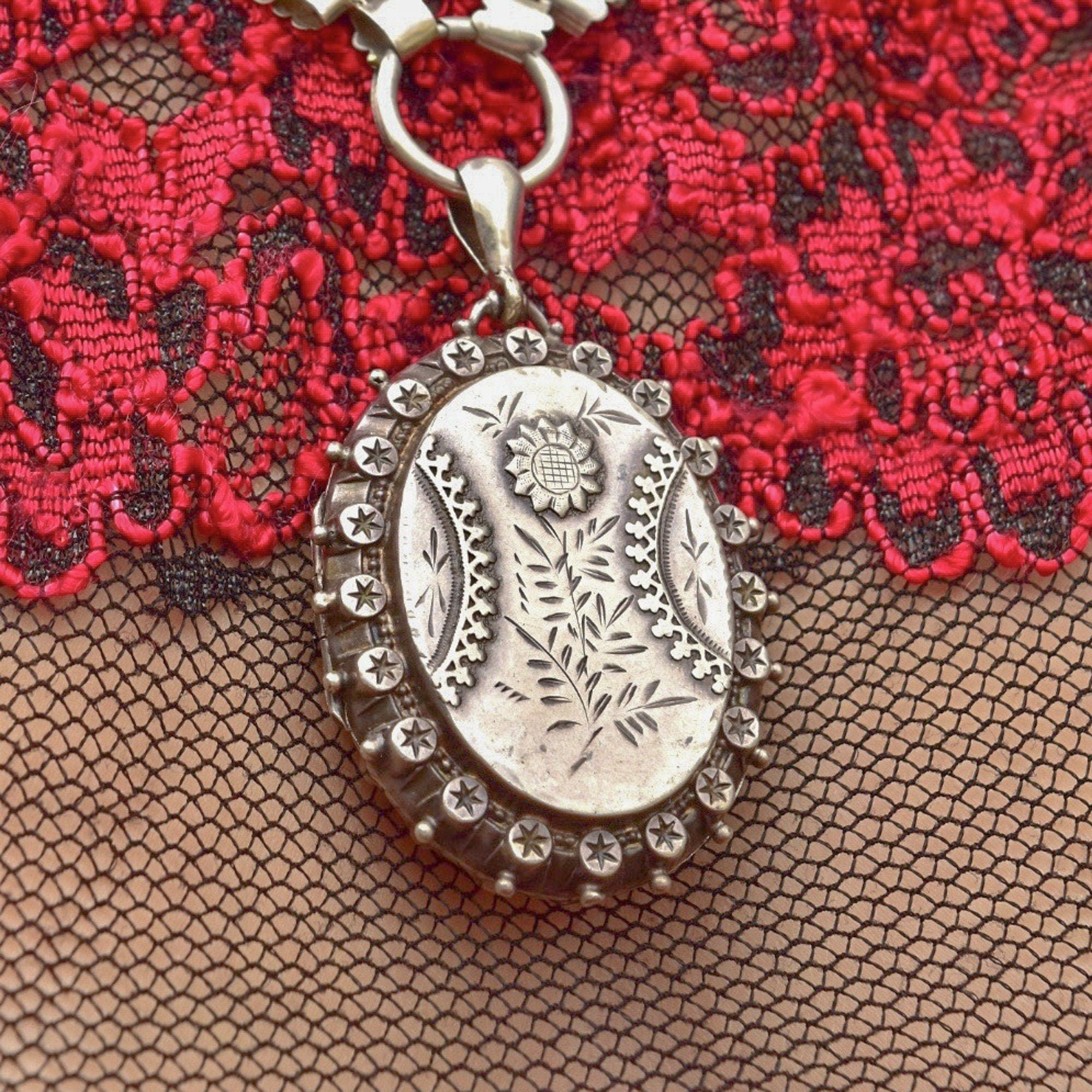 Victorian Sterling Silver Locket Book Chain Collar, Hand-Engraved, Floral Motifs, Birmingham Hallmark, 20" L - Good's Vintage