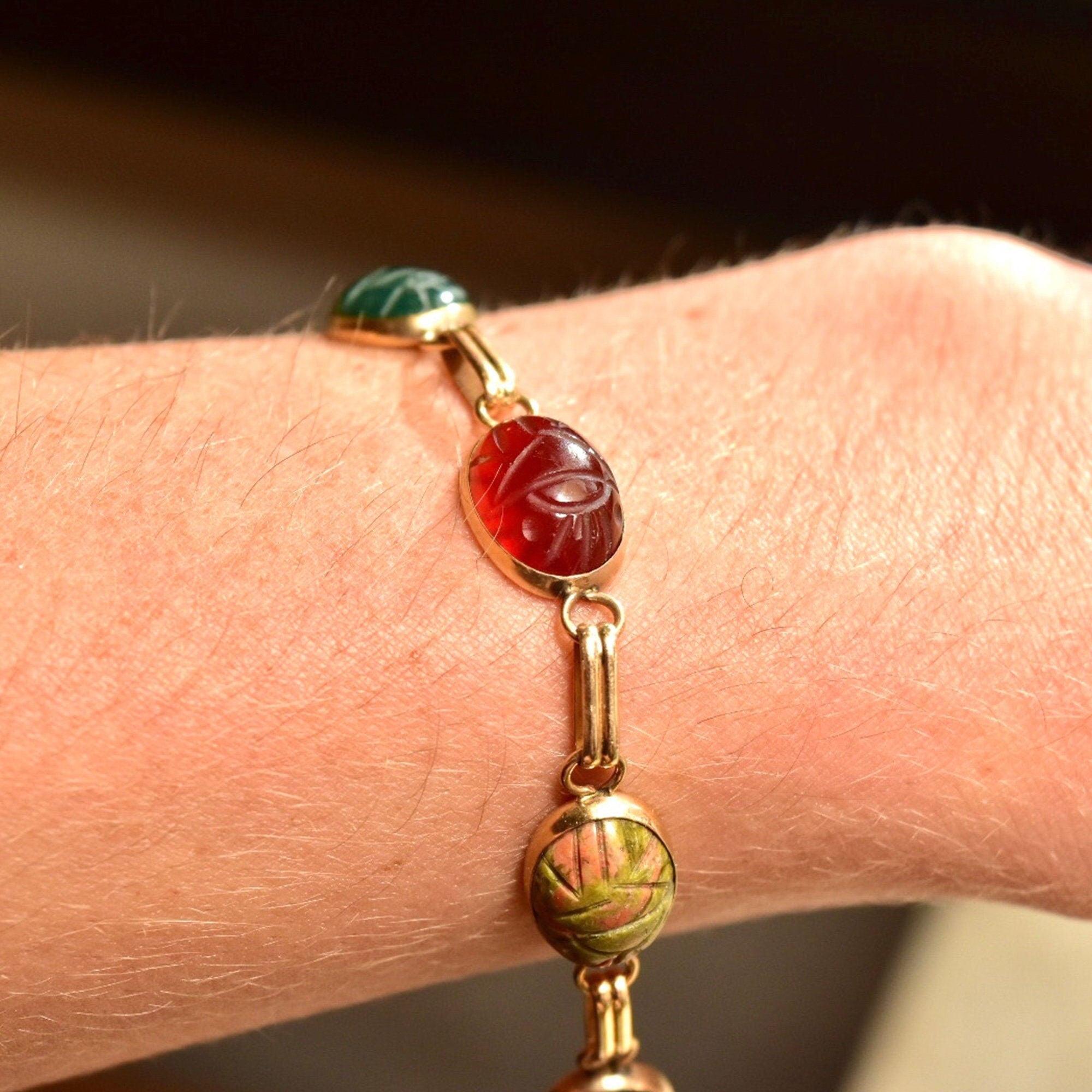14K Scarab Bracelet with Carved Natural Gemstones
