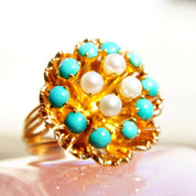 14K Turquoise Seed Pearl Bombe Ring, Gemstone Flower Cluster Cocktail Ring, Size 6 3/4 US